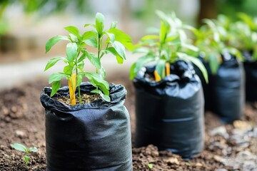 Saplings growing in nursery bags, outdoor garden