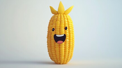 a 2D cartoon illustration of a happy corn on the cob, summer vibes, white background--ar 16:9