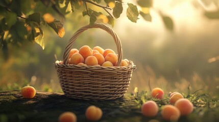 A vibrant apricot sits in a delicate basket, surrounded by hints of greenery.
