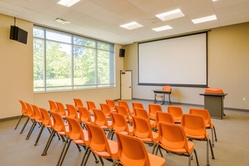 Modern classroom setup with orange chairs and large windows overlooking greenery