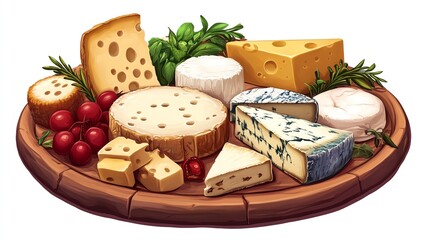 a 2D cartoon illustration of a cheese platter with various cheeses, elegant and delicious, white background--ar 16:9
