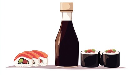 a 2D cartoon illustration of a bottle of soy sauce, ready for sushi, white background--ar 16:9