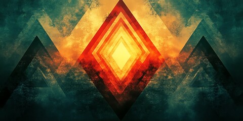 Abstract Geometric Artwork: Fiery Diamond within Teal Mountains