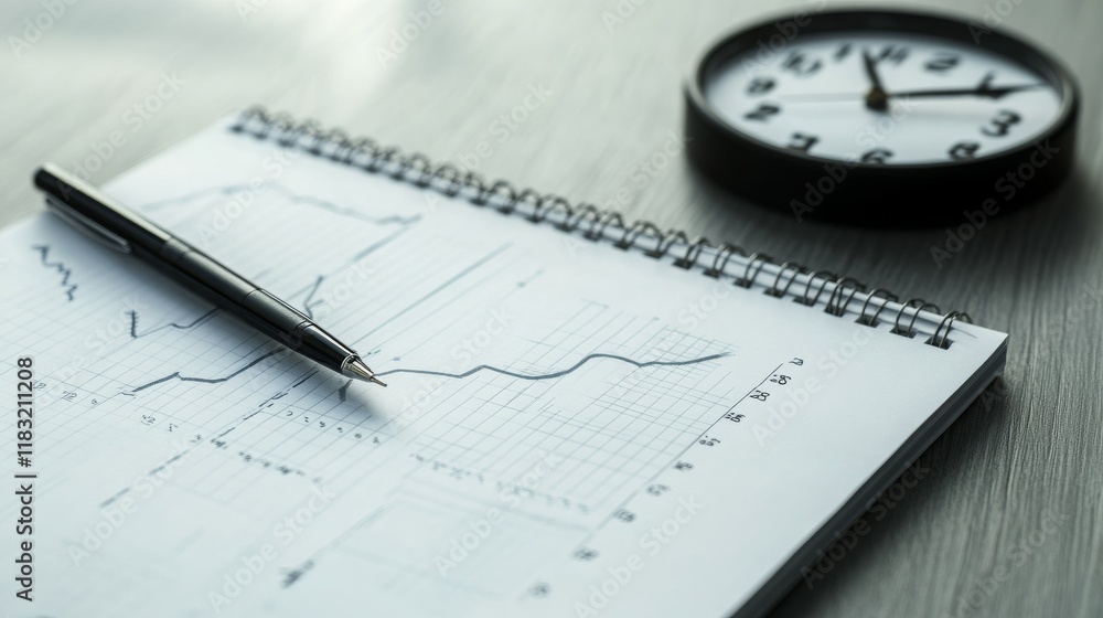 Aufkleber detailed business graph analysis on notebook with pen and clock showing time management in office se