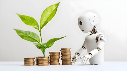 Robot with Coins and Plant Symbolizing Growth and Innovation, Generative AI.
