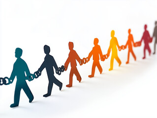 Concept of modern slavery in papercut silhouette of business and office people in chain link