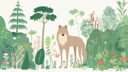 Wolf watercolor concept. Majestic Wolf Stands Tall Amidst Lush Forested Landscape