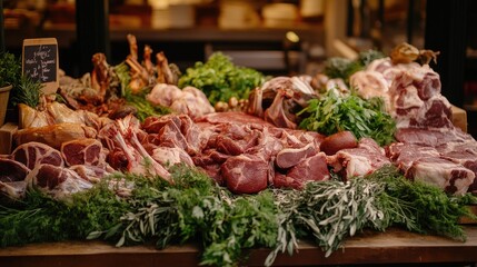 A variety of fresh game meats, such as venison and wild boar, laid out on a butcher's table with greenery.