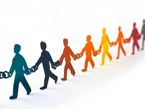 Concept of modern slavery in papercut silhouette of business and office people in chain link