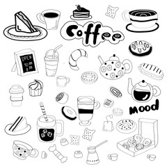 set of hand drawn illustrations of coffee shop doodle for various designs	
