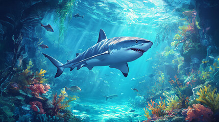 Underwater encounter with a large shark in a vibrant coral reef