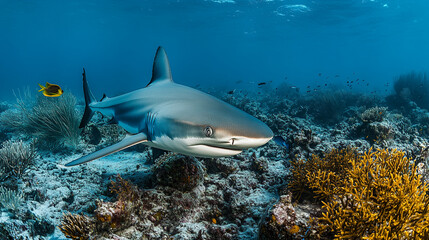 Fototapeta premium Underwater encounter with a shark in a vibrant coral reef ecosystem