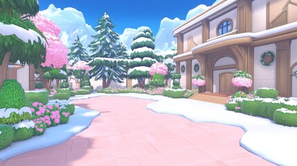 Fototapeta premium Winter Wonderland Mansion Pink Pathways and Snowy Gardens