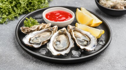 Fresh oysters on a half shell with lemon wedges and cocktail sauce on a chilled platter.
