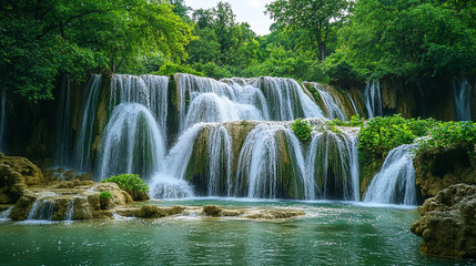 Fototapeta premium Beautiful waterfall cascading over rocks in a lush green forest during daytime