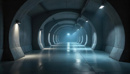 Mysterious tunnel exploration abandoned facility digital art dimly lit perspective view intriguing atmosphere