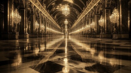 Fototapeta premium The grandeur of the Hall of Mirrors at Versailles Castle, with reflections dancing on the shiny floors.