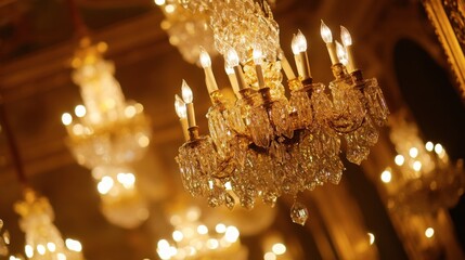 The reflective glory of the chandeliers in the Hall of Mirrors at Versailles Castle, showcasing their intricate beauty.