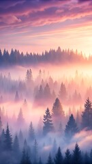 Moody forest landscape with fog and mist gradient color mobile phone wallpaper