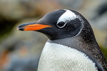 Naklejka premium Close-up view of a gentoo penguin in a natural habitat with blurred rocky background