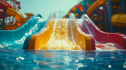 Close-up of a colorful water slide in an aquapark on a sunny day, Vibrant colors, studio lighting,