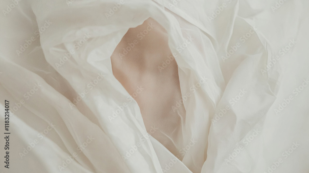 Poster soft white fabric draping with a delicate touch of skin in a serene setting
