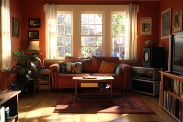 Fototapeta premium Cozy living room with natural light and warm colors in a comfortable home setting