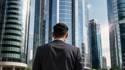 a businessman looking at the the office buildings symbolizing dreams and success
