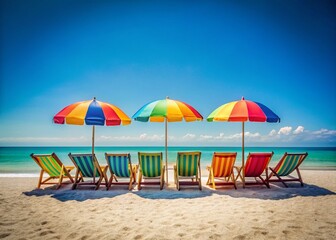 Fototapeta premium Minimalist Beach Scene: Colorful Chairs & Umbrella on Sandy Shore