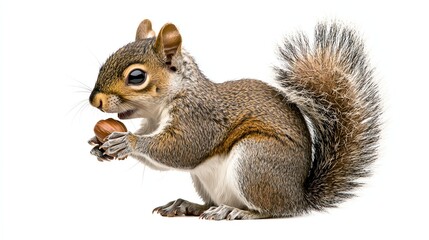 Obraz premium A cute gray squirrel holding an acorn, showcasing its fluffy tail and curious expression against a white background.