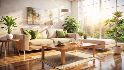 Minimalist Beige Living Room: Double Exposure Modern Sofa & Coffee Table Stock Photo