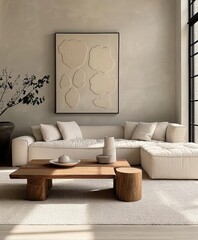 Modern minimalist living room, beige and cream tones, modular sectional sofa, wooden coffee table, potted olive tree, abstract wall art, textured wall, large window, natural light, Japanese-inspired i