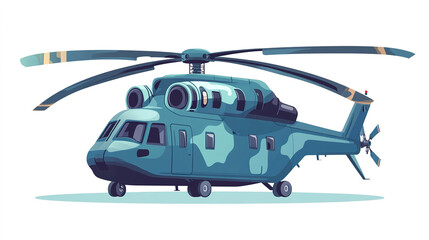  Flat cartoon helicopter featuring sleek rotor blades, ideal for diverse missions, on white background.  