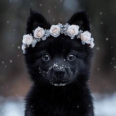 schipperke wearing snowy crown made from roses