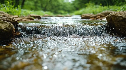 Fototapeta premium Serene Stream Flowing Over Rocks In Green Forest
