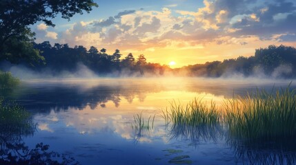 Fototapeta premium Serene Sunrise Over Misty Lake And Forest