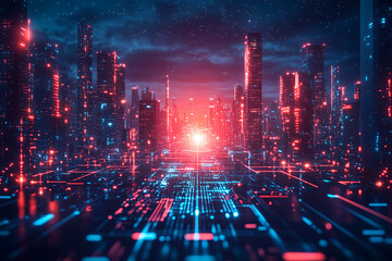 Obraz premium Futuristic Sci-Fi Landscape: a glowing futuristic high-tech cityscape background with floating buildings, and neon lights. The atmosphere is dynamic, with a starry night sky and cyberpunk vibes.