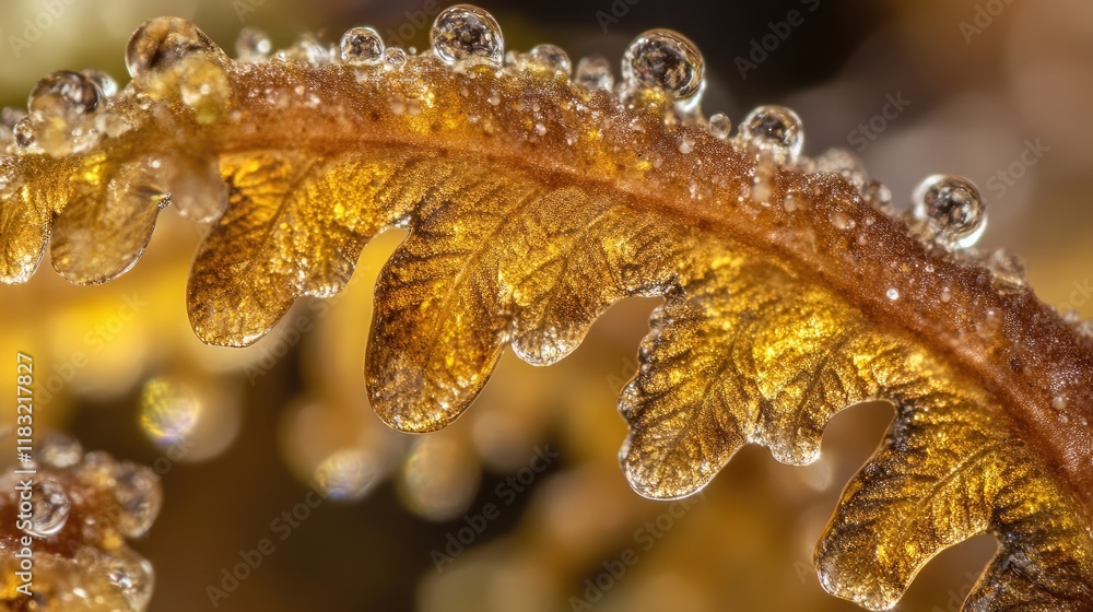 Poster a macro shot of a wet fern leaf, with droplets enhancing its delicate and elegant texture