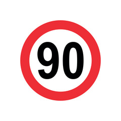 Speed limit sign icon vector template, 90 mph speed limit sign icon vector isolated on white background.