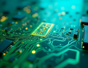A futuristic circuit board with abstract geometric shapes and lines in shades of green, yellow, and white, creating a high-tech, digital background