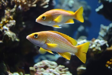 Colorful yellow fish swimming gracefully in a vibrant coral reef environment