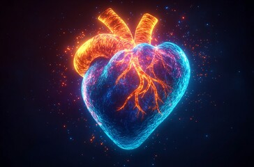 Vibrant digital illustration of neon heart anatomy, ideal for health tech presentations, medical education, Valentine's Day events, or artistic displays in wellness.