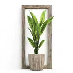A stylish, tall indoor plant displayed in a rustic wooden frame, adding a touch of greenery to any contemporary space.