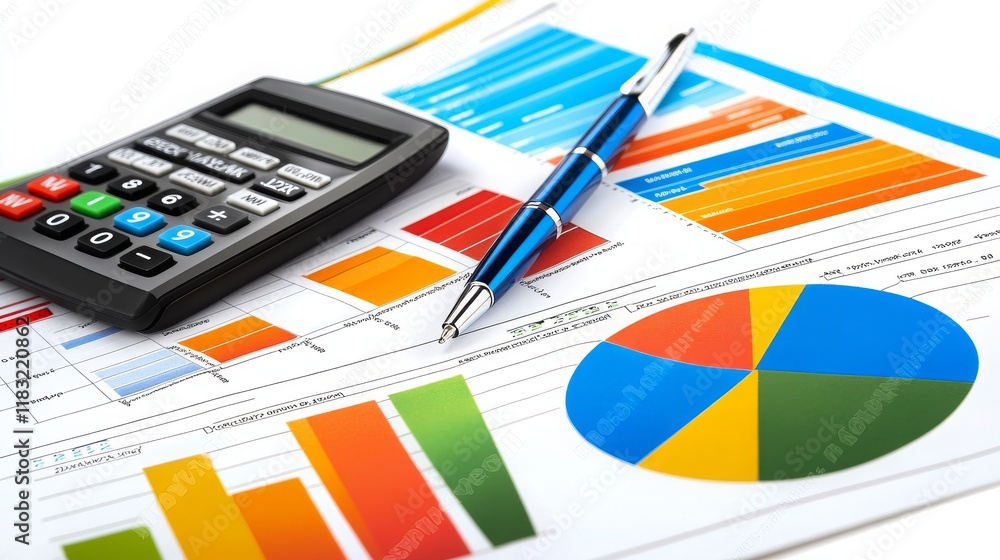 Poster business analysis with calculator and blue pen on colorful graphs and charts in a professional offic