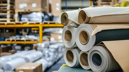 Rolls of fabric and paper in warehouse storage.