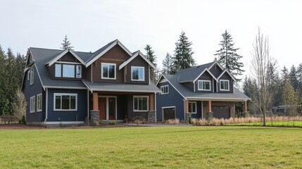 Obraz premium 101.A freshly constructed twin house with contrasting facade colors, spacious front yards, and a backdrop of a clear sky blending with nearby trees.