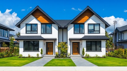 98.A front view of a brand-new twin house with symmetrical designs, white walls, and dark wooden accents, set against a vivid blue sky and surrounded by manicured lawns.
