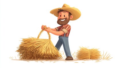a 2D cartoon illustration of a farmer gathering hay into bundles, hardworking and cheerful, white background--ar 16:9