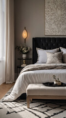 Contemporary bedroom in black and white tones large windows and high end furniture for a chic interior design look Contemporary Interior Design Inspiration