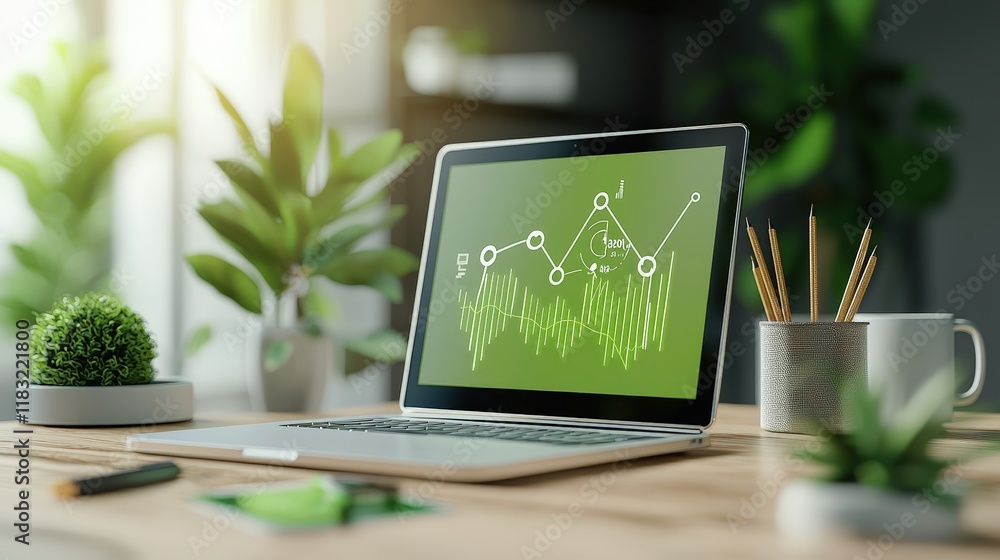 Poster a natural workspace with seo graphs and green elements, emphasizing content creation